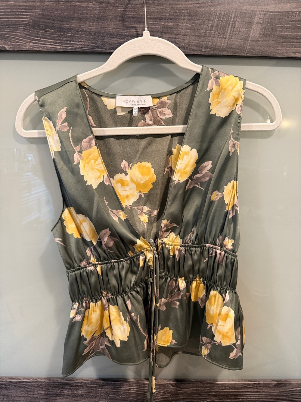 Wayf Olive Green Sleeveless Floral Drawstring top with Yellow Blooms
